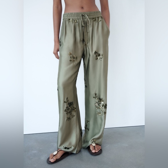 Zara SEQUINNED SATIN high waist green TROUSERS pants sz.S - Picture 1 of 17